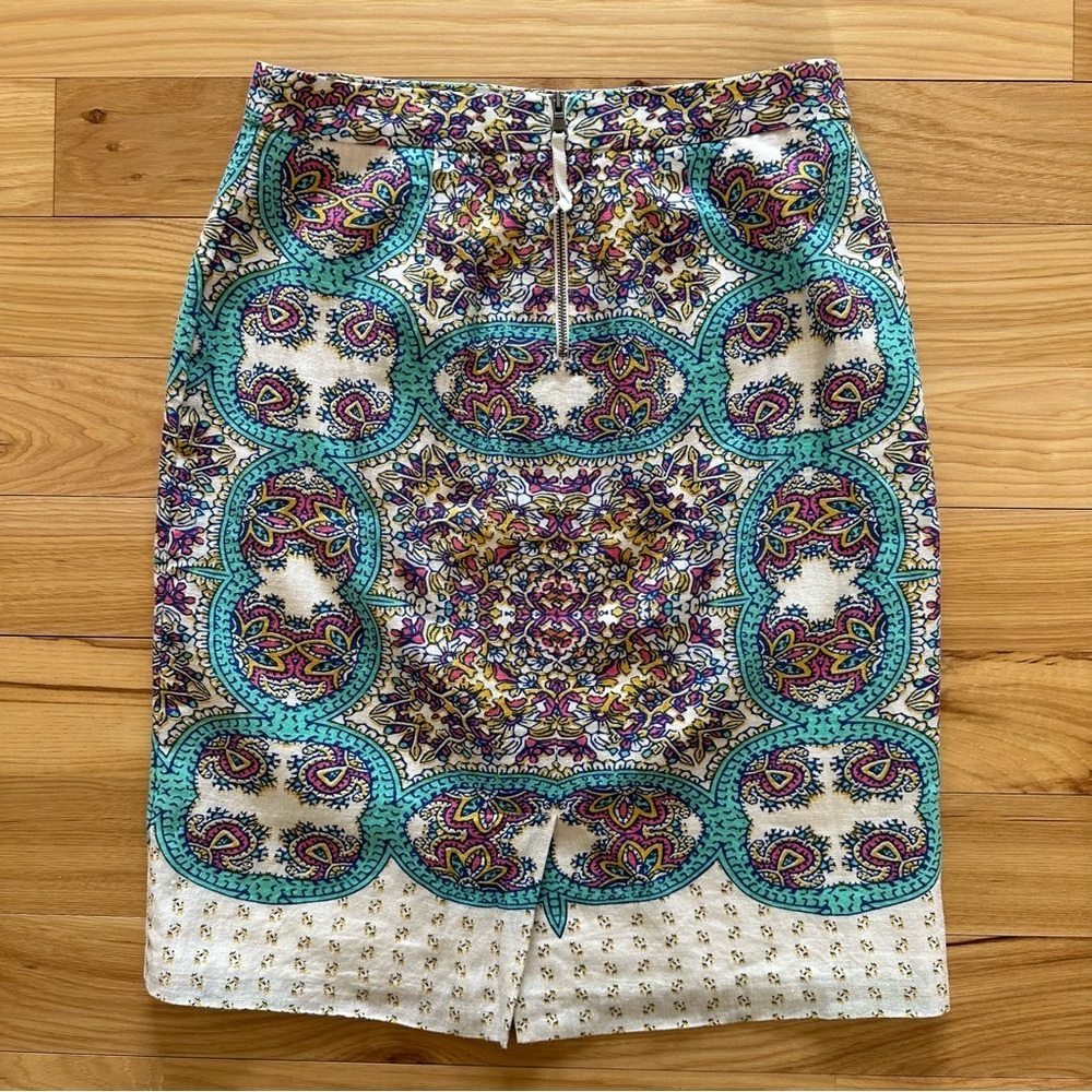Maeve Turquoise Blue Pink Ivory Floral Print Skirt 2 Anthropologie Linen Blend - Picture 4 of 14